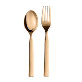Minimalist gold stainless steel spoon and fork set shown on a plain white background.